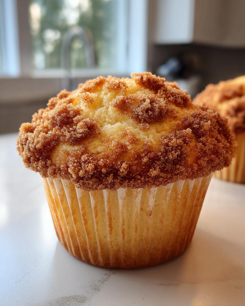Close-up of a perfectly baked coffee cake muffin topped with a generous amount of cinnamon streusel.