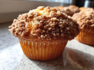 Close-up of a golden brown coffee cake muffin topped with a generous amount of cinnamon streusel.