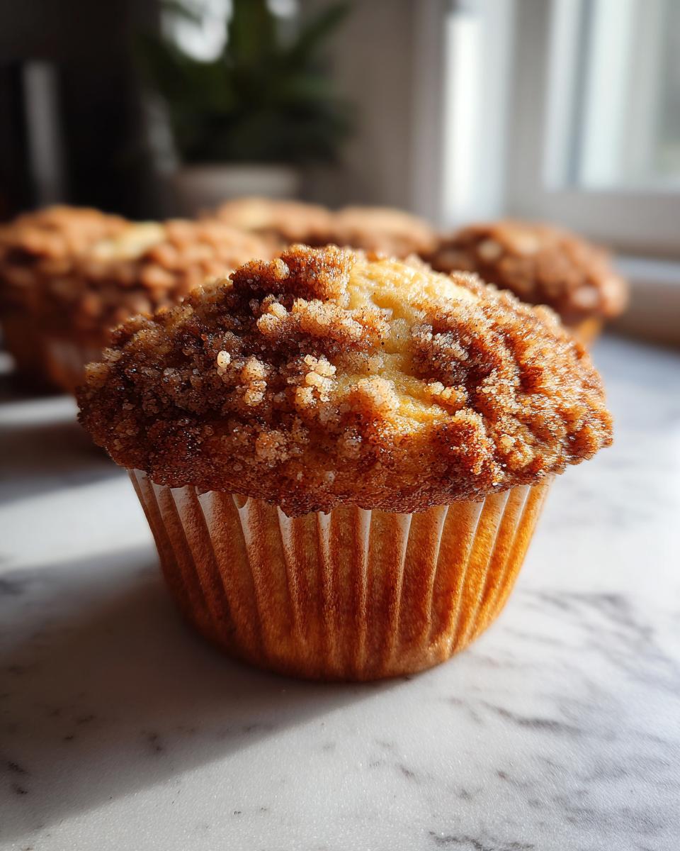 Close-up of a perfectly baked coffee cake muffin with a generous streusel topping.