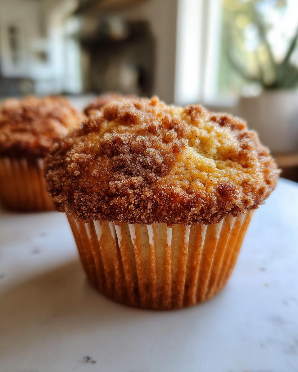 Close-up of a freshly baked coffee cake muffin topped with a generous amount of cinnamon streusel topping.