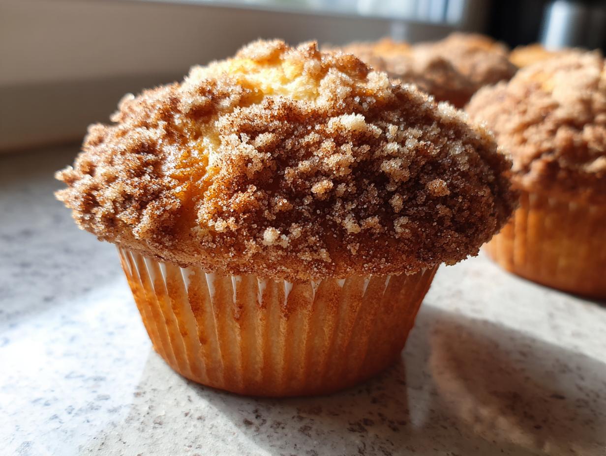 Close-up of a golden brown coffee cake muffin topped with a generous amount of cinnamon streusel.