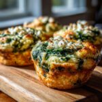Close-up of delicious Cottage Cheese Egg Cups with Spinach & Feta, baked golden brown.