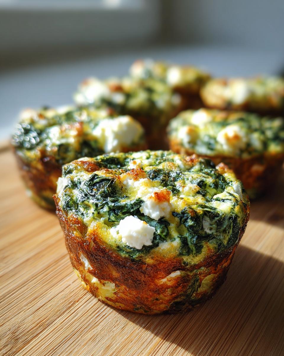 Close-up of baked Cottage Cheese Egg Cups With Spinach & Feta on a wooden board.