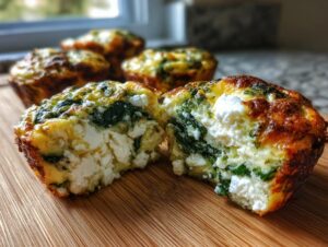 Close-up of Cottage Cheese Egg Cups With Spinach & Feta, one cup cut in half showing fluffy egg, spinach, and feta cheese.