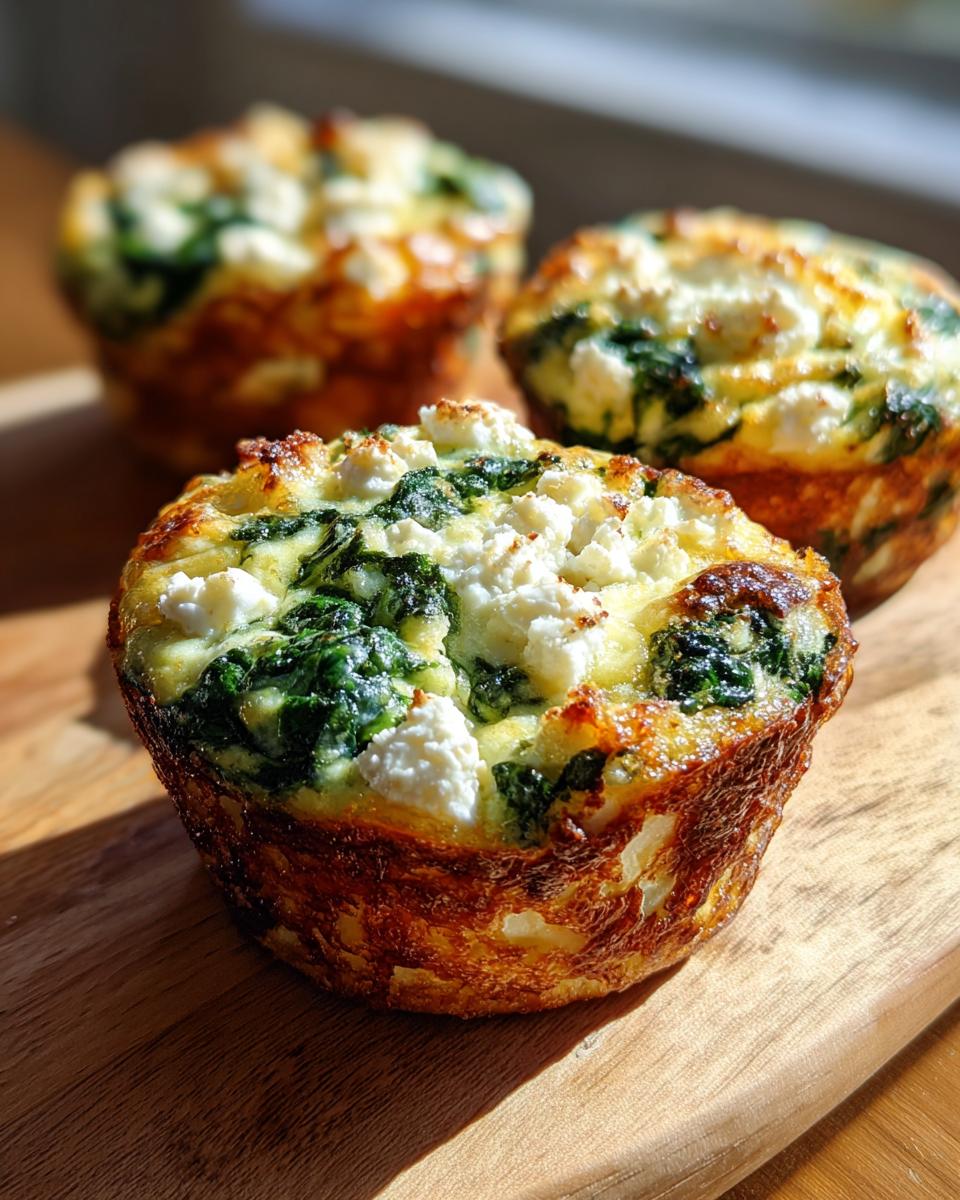 Three golden-brown Cottage Cheese Egg Cups With Spinach & Feta on a wooden board.