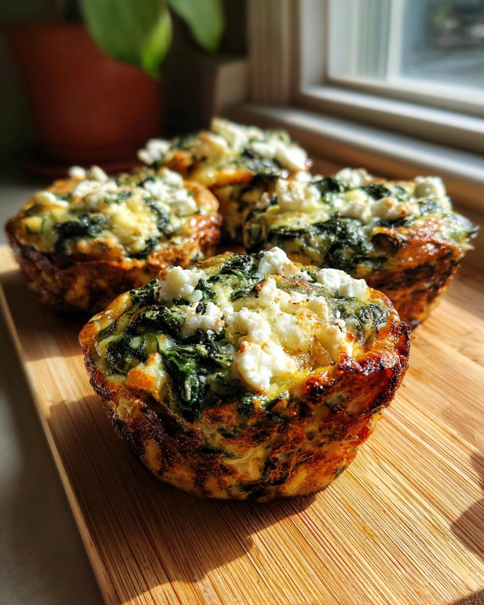 Close-up of baked Cottage Cheese Egg Cups with Spinach & Feta on a wooden board.