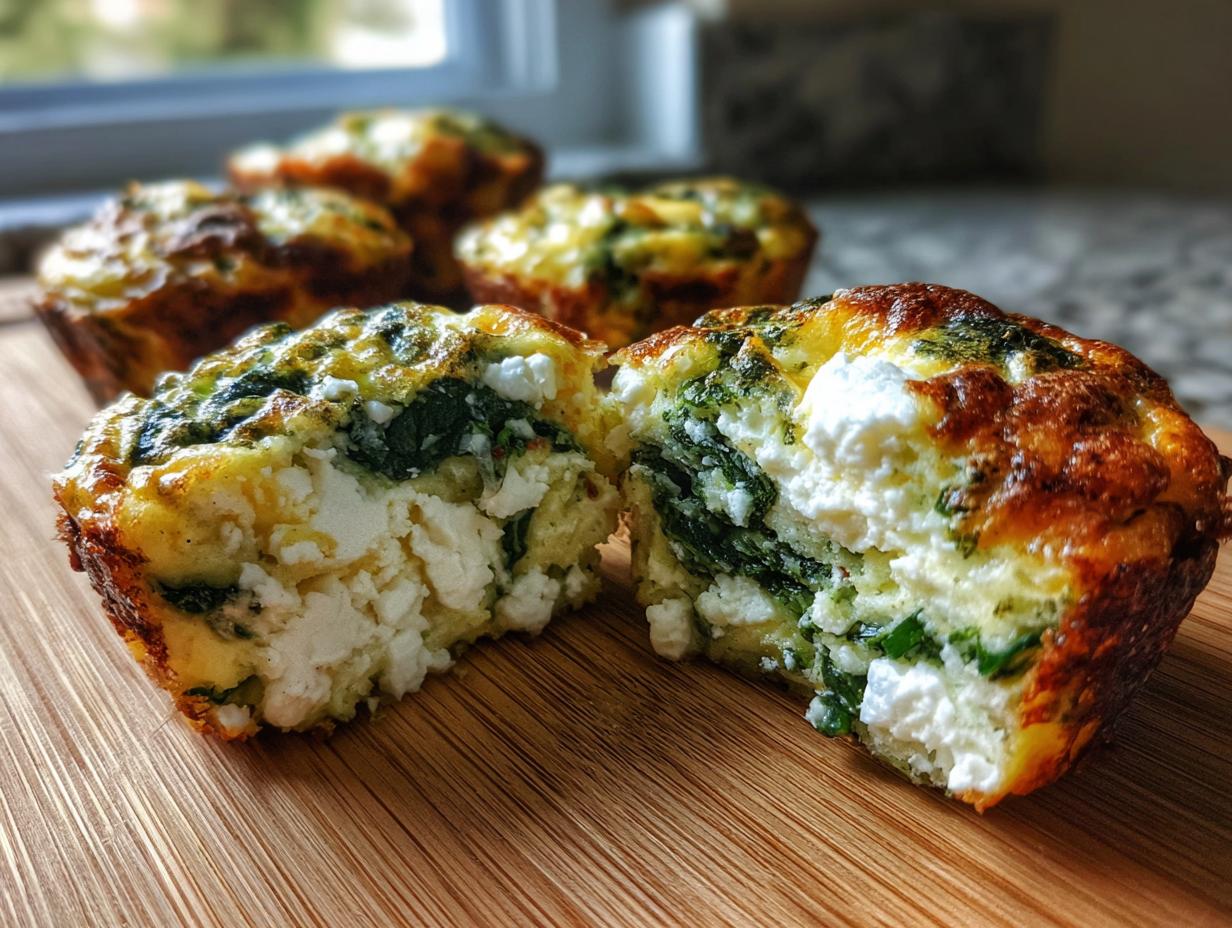Close-up of Cottage Cheese Egg Cups With Spinach & Feta, one cup cut in half showing fluffy egg, spinach, and feta cheese.