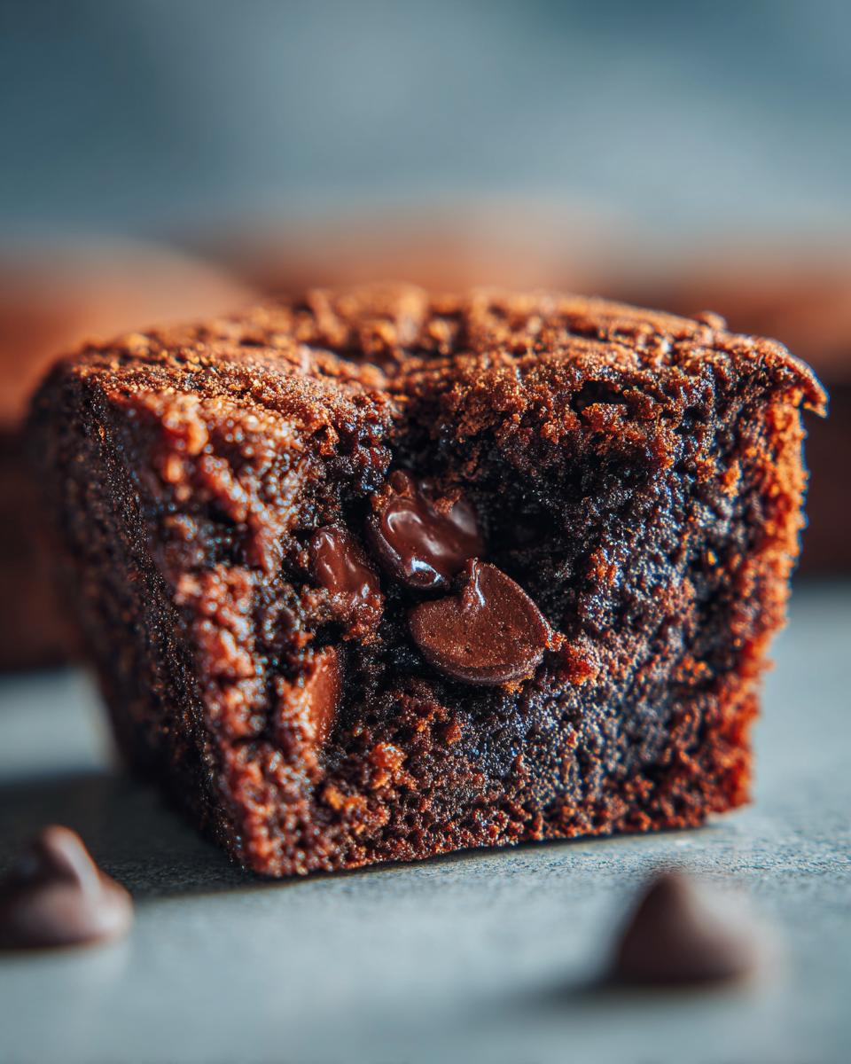 Close-up of a rich chocolate brownie made with cottage cheese, studded with melted chocolate chips.