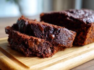 Close-up of moist chocolate brownie slices with visible chocolate chips, part of a Cottage Cheese Microwave Brownie.