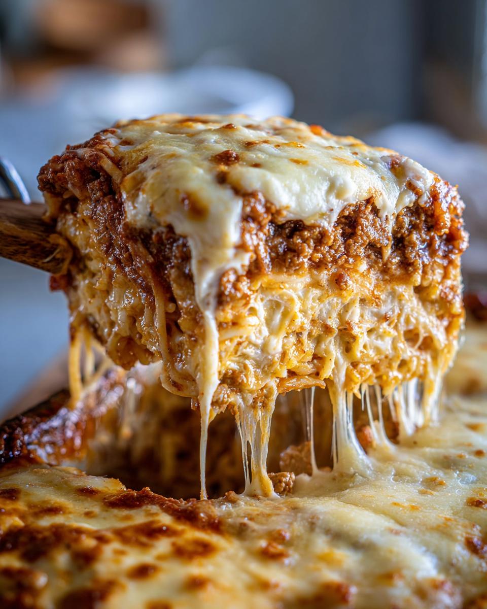 A generous serving of creamy baked spaghetti casserole being lifted, with long strands of melted cheese dripping down.