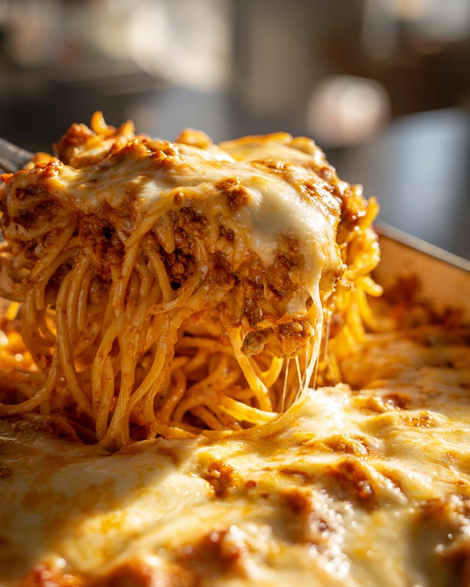 A serving fork lifts a portion of creamy baked spaghetti casserole, revealing melted cheese strands and rich meat sauce.