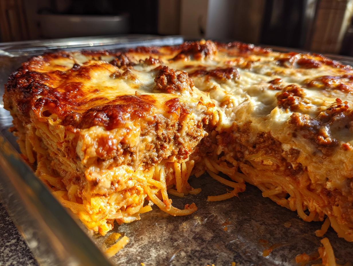 A close-up of a delicious creamy baked spaghetti casserole with a rich meat sauce and melted cheese.