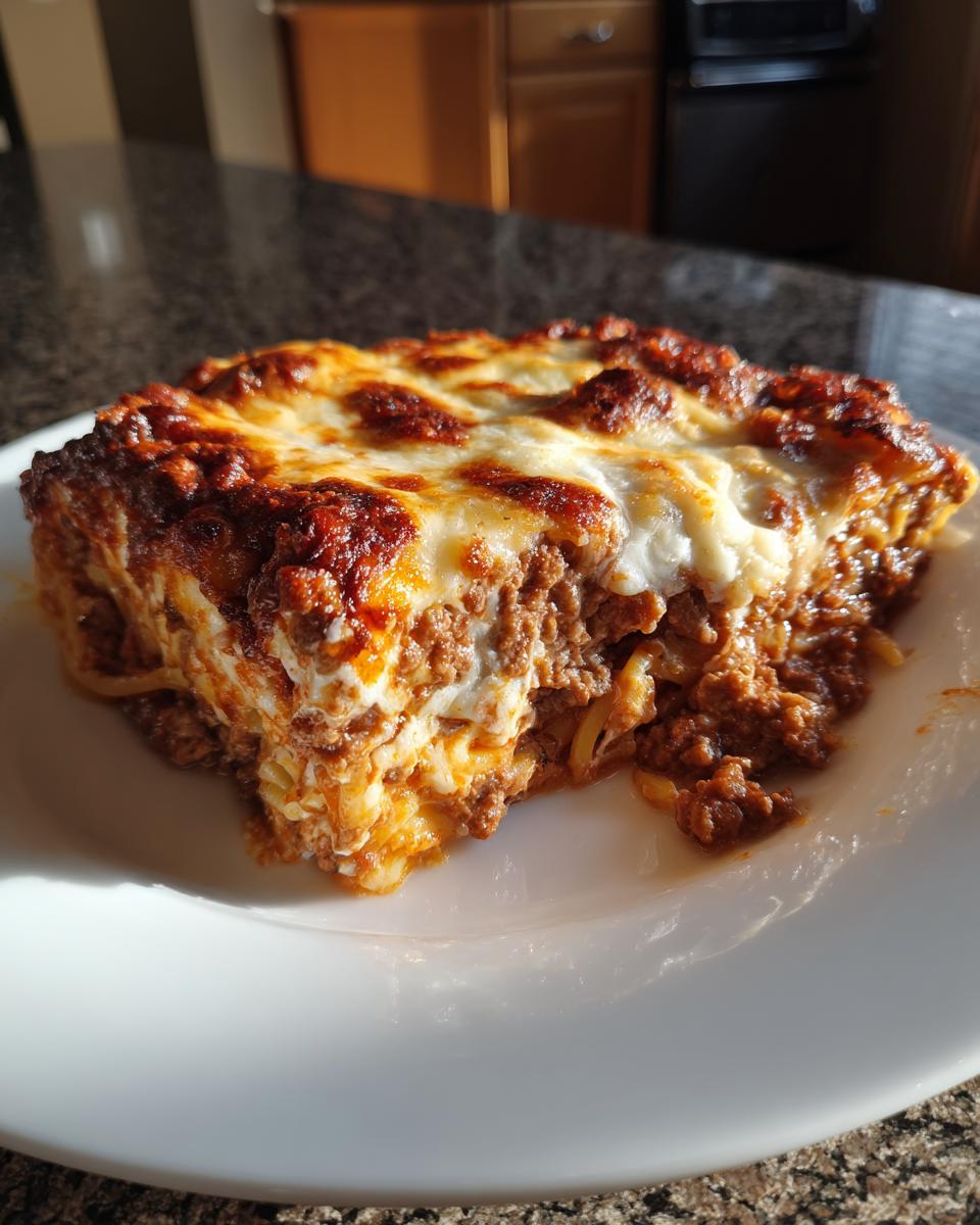 A close-up of a slice of creamy baked spaghetti casserole with melted cheese and a rich meat sauce.