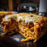 A close-up of a slice of creamy baked spaghetti casserole, showing layers of pasta, meat sauce, and melted cheese.