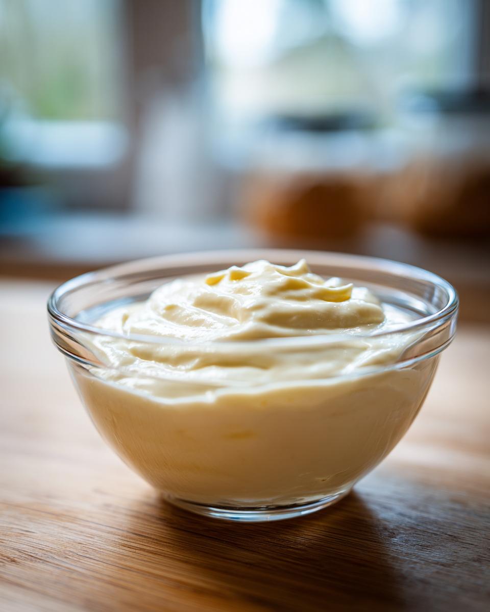 A close-up of creamy garlic aioli served in a clear glass bowl on a wooden surface.