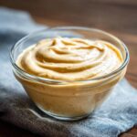 A close-up shot of creamy garlic aioli sauce in a clear glass bowl, garnished with a sprinkle of paprika.