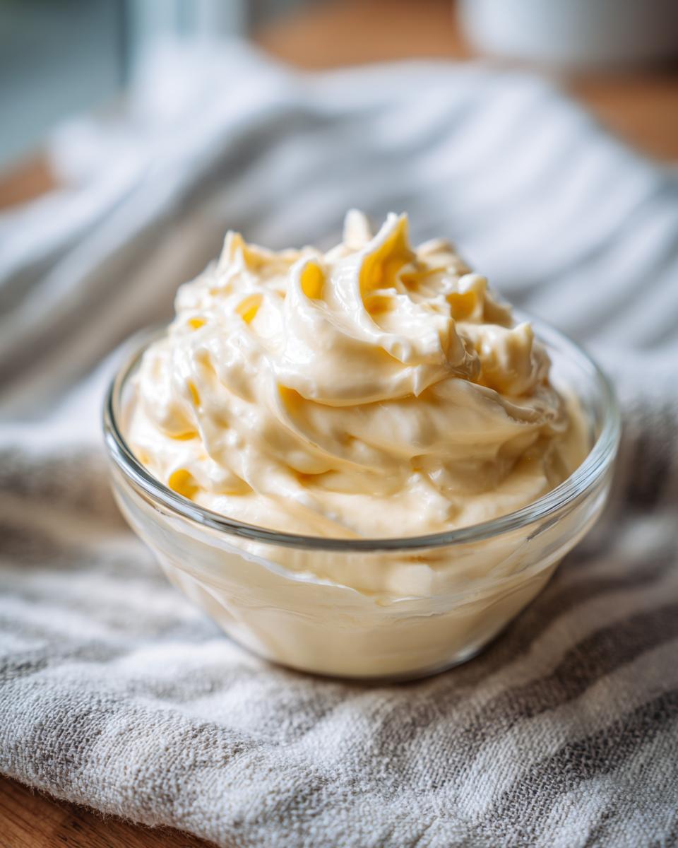 A close-up of creamy garlic aioli swirled in a clear glass bowl, resting on a striped cloth.