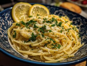 A close-up of a bowl of creamy lemon pasta, garnished with fresh parsley, grated cheese, and lemon slices.