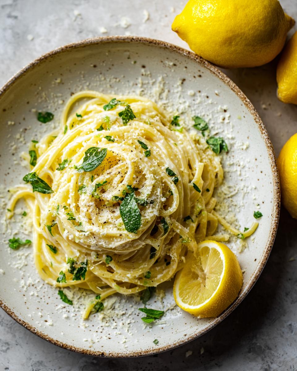 A close-up of a bowl of creamy lemon pasta, garnished with fresh parsley and a lemon wedge.