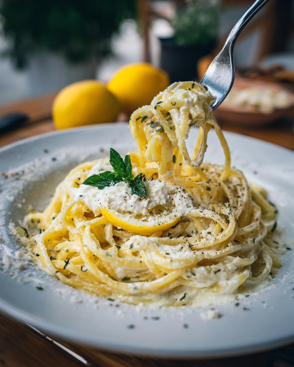 A fork lifts a swirl of Creamy Lemon Pasta, topped with ricotta, mint, and a lemon slice.
