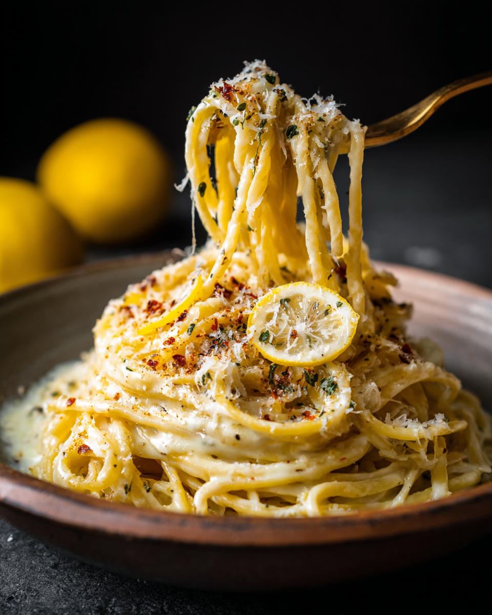 A close-up of a fork lifting a generous portion of Creamy Lemon Pasta, topped with Parmesan cheese, herbs, and lemon slices.