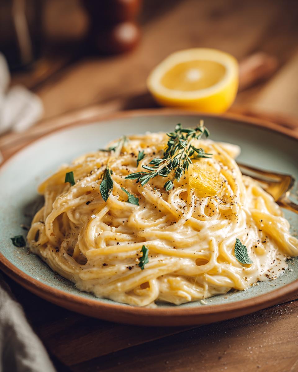 A close-up of a plate of Creamy Lemon Pasta, garnished with fresh herbs and black pepper.