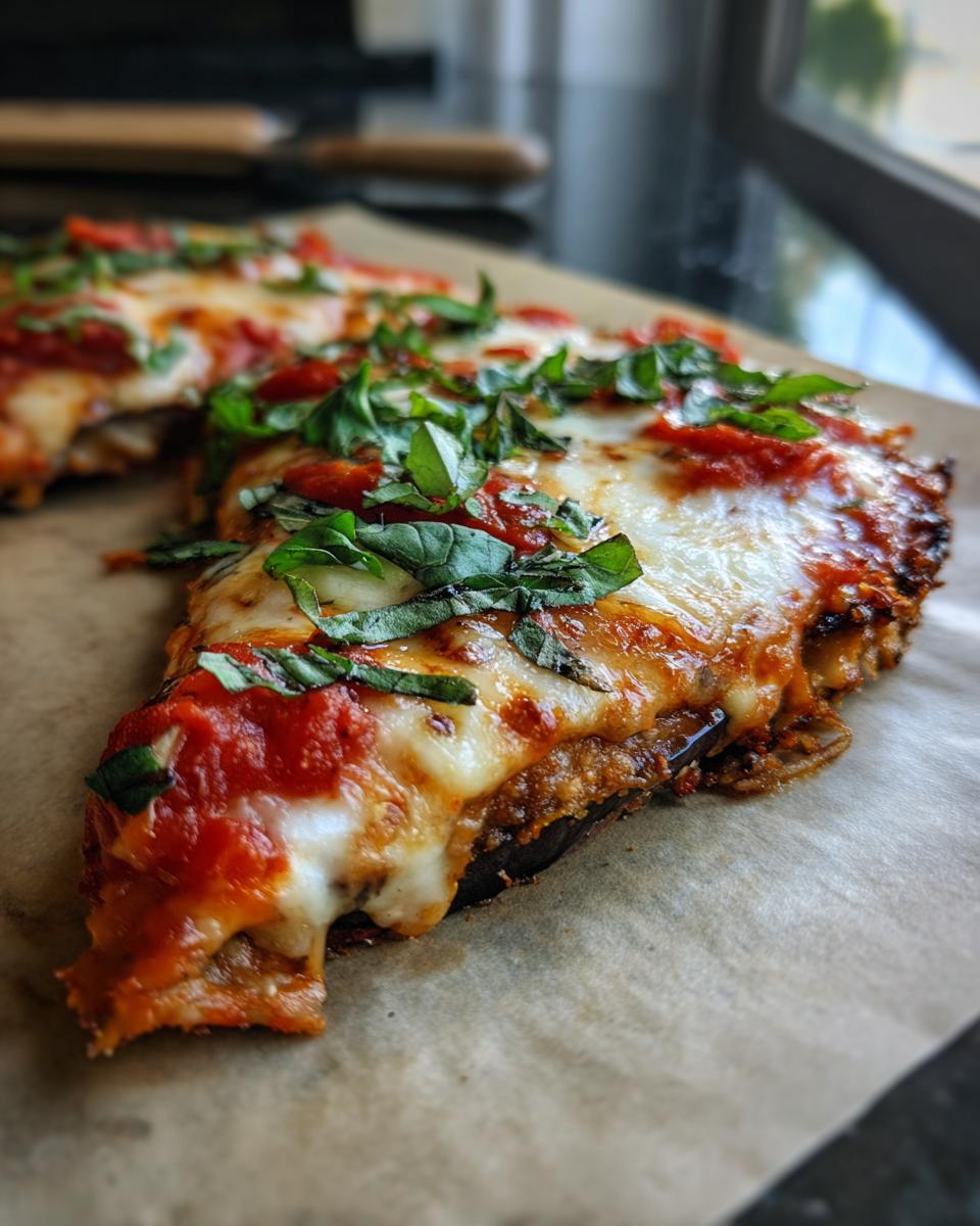 Close-up of a crispy slice of Eggplant Parmesan, topped with melted cheese, marinara sauce, and fresh basil.