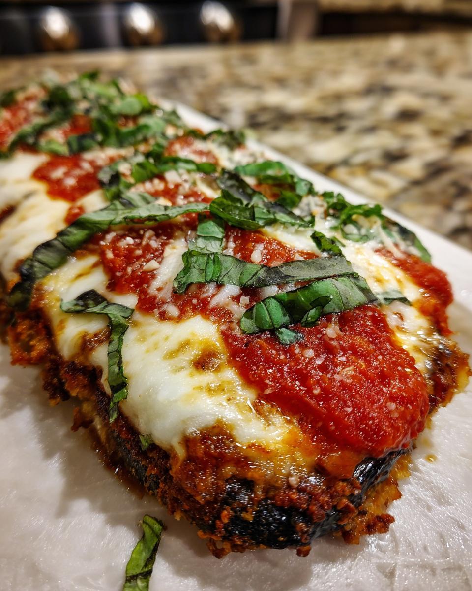 Close-up of a crispy slice of Eggplant Parmesan, topped with marinara sauce, melted mozzarella, and fresh basil.