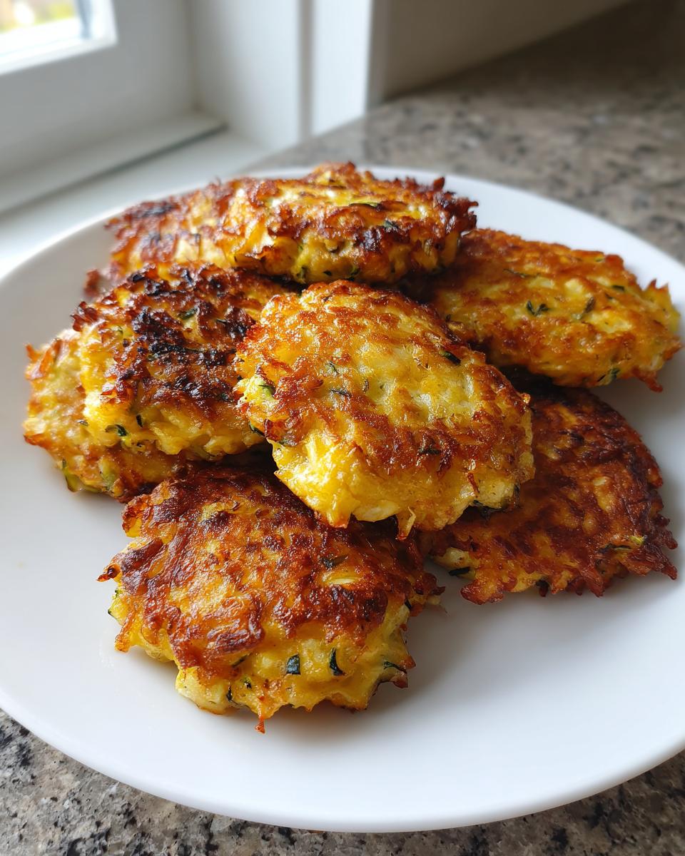 A pile of golden-brown, crispy zucchini fritters arranged on a white plate, ready to be served.