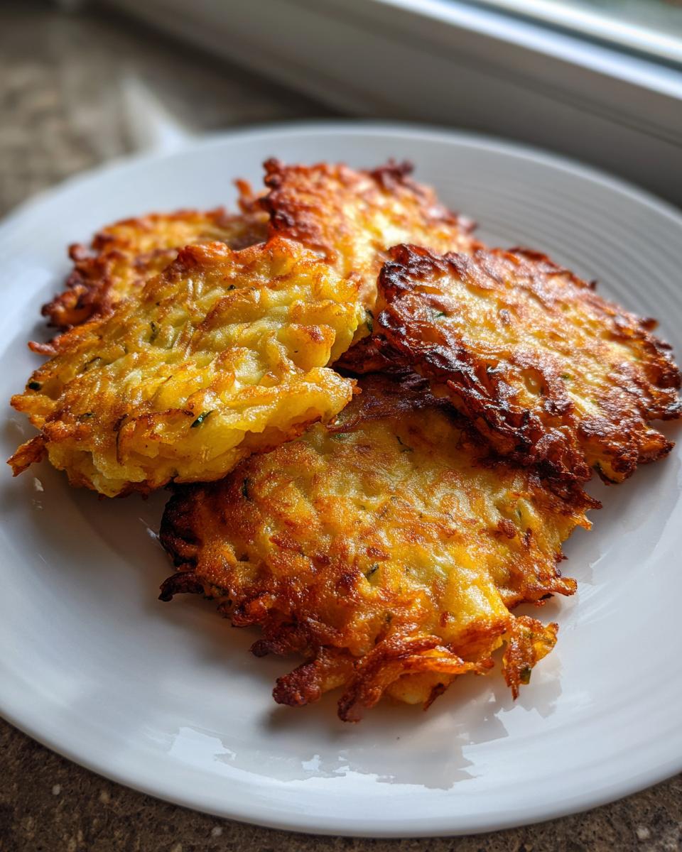 A close-up shot of golden-brown zucchini fritters piled on a white plate, showcasing their crispy texture.