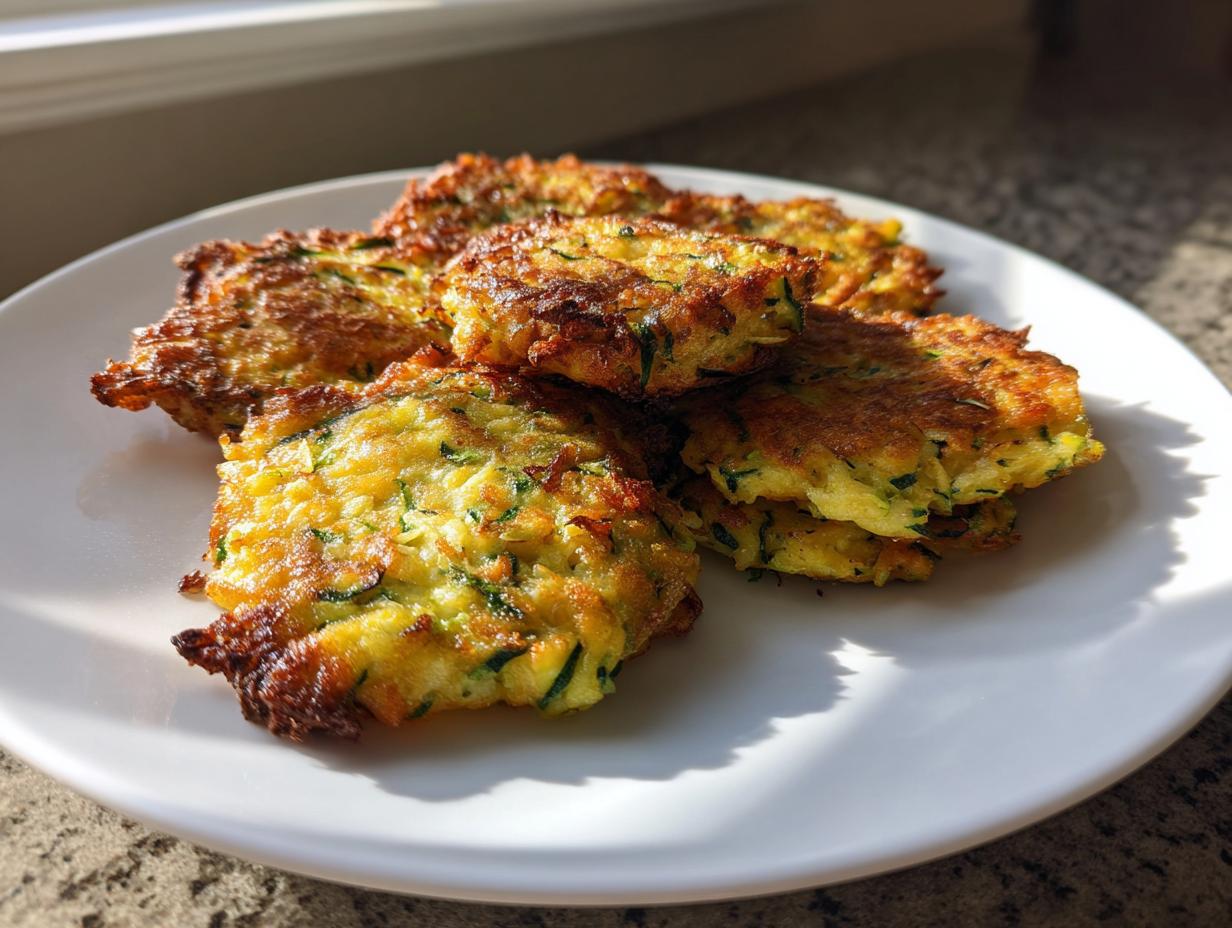 A close-up shot of golden brown, crispy zucchini fritters piled on a white plate, ready to be enjoyed.
