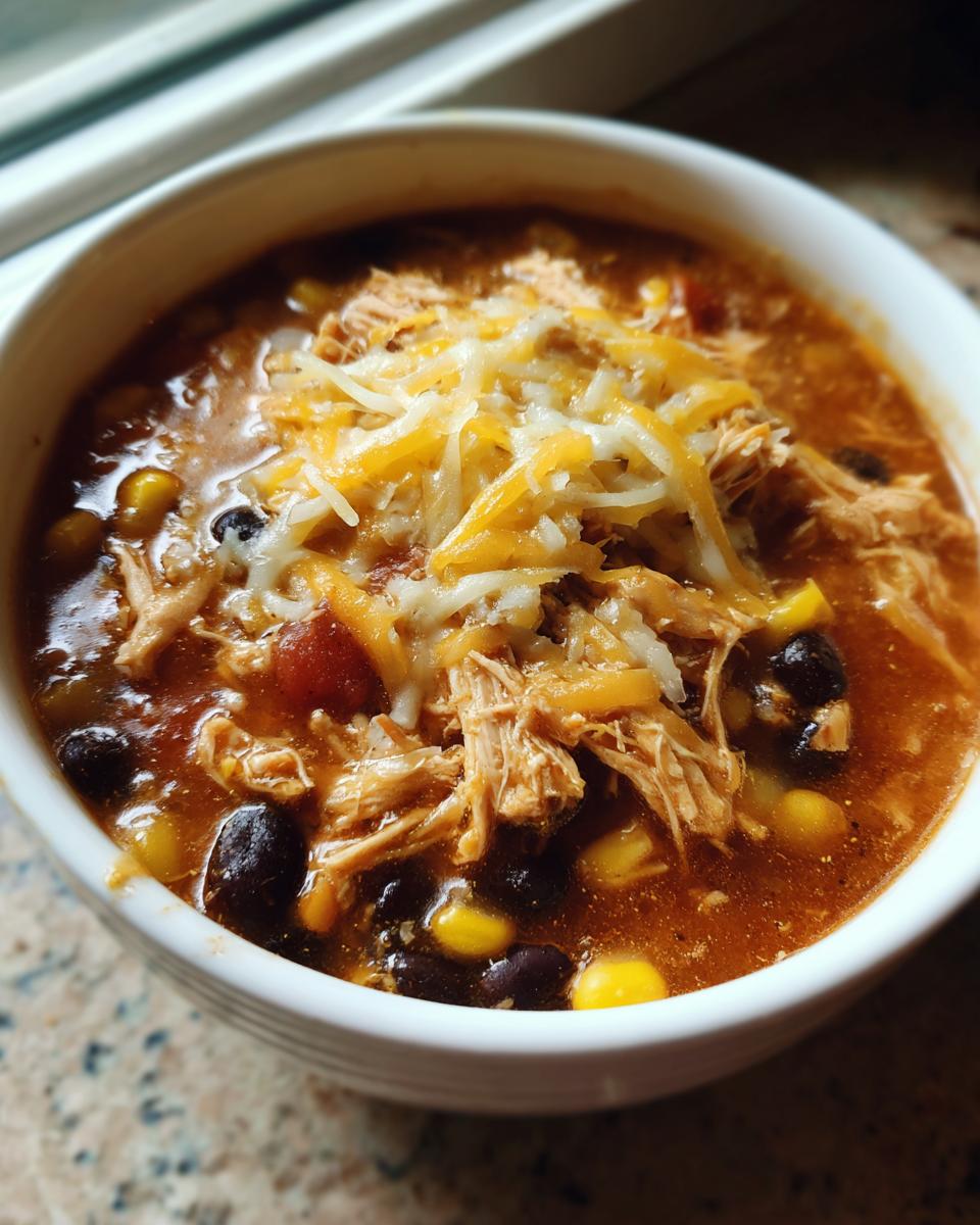A close-up bowl of Crockpot chicken enchilada soup topped with shredded cheese, black beans, and corn.