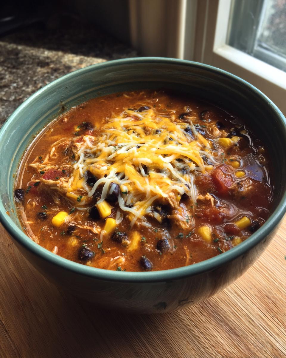 A close-up of a bowl of Crockpot Chicken Enchilada Soup topped with shredded cheese and fresh herbs.