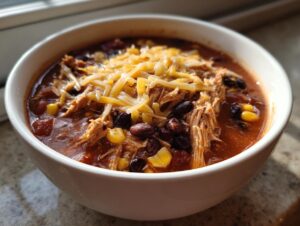 A close-up bowl of Crockpot Chicken Enchilada Soup topped with shredded cheese, black beans, and corn.