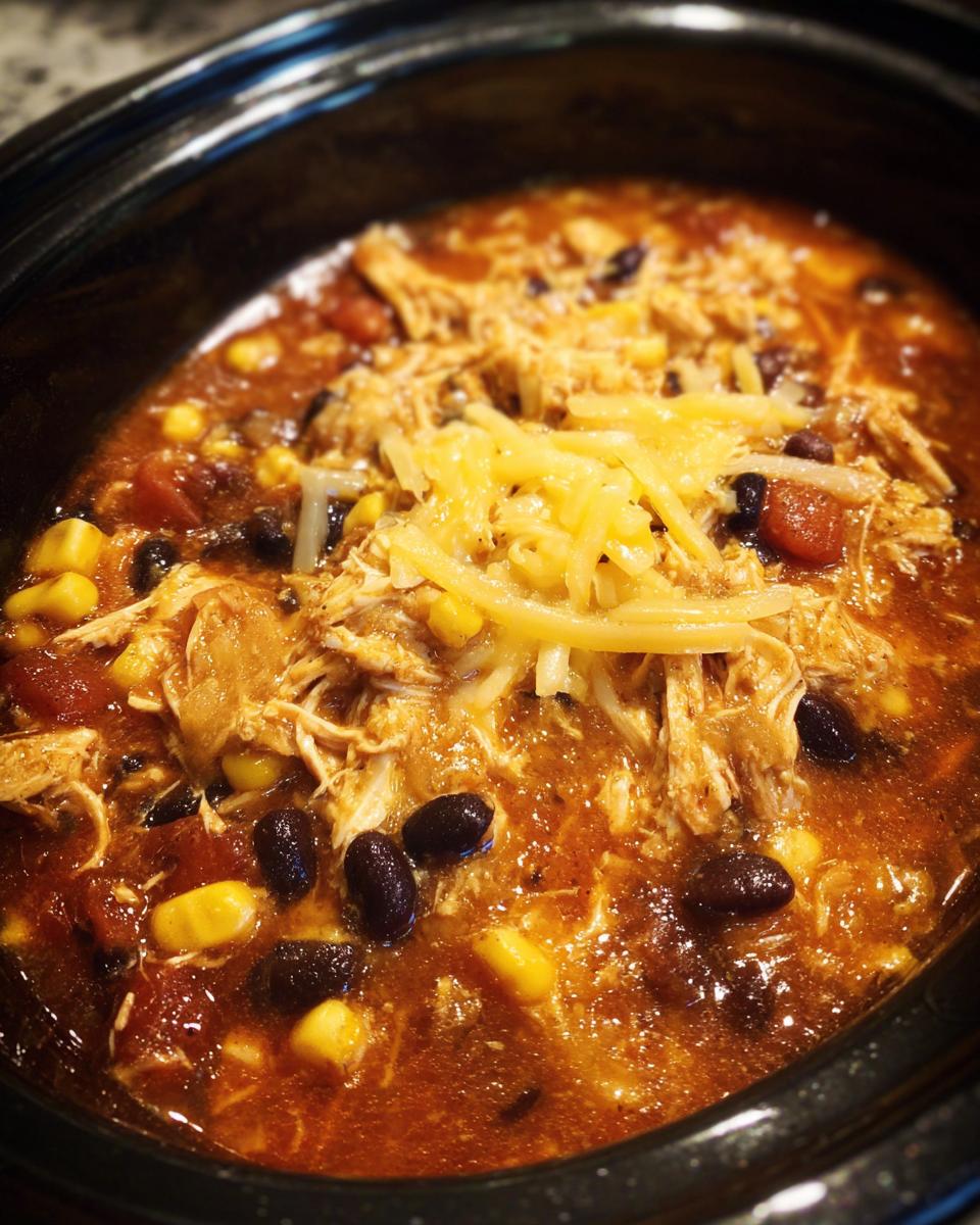 A close-up of Crockpot Chicken Enchilada Soup topped with shredded cheese, featuring chicken, black beans, and corn.