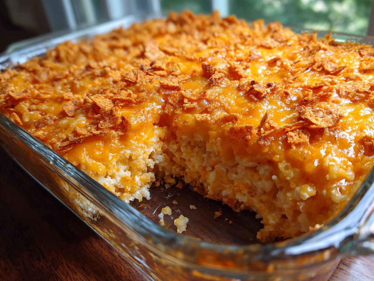 A close-up shot of a freshly baked Dorito Casserole in a glass baking dish, topped with melted cheese and crushed Doritos.