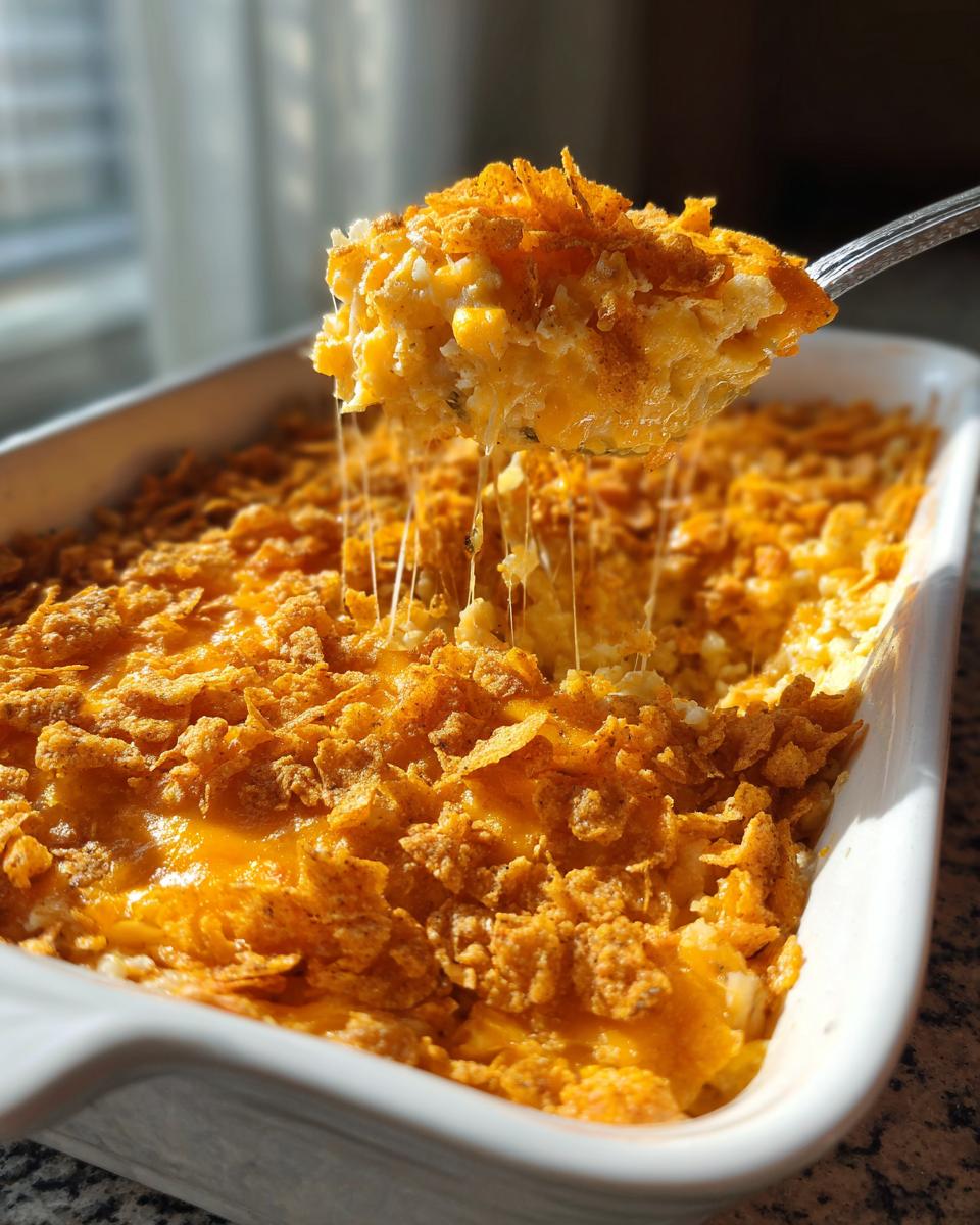 A fork lifting a cheesy portion of Dorito Casserole from a white baking dish, showing melted cheese strings.