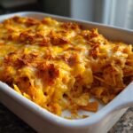 Close-up of a bubbling Dorito Casserole topped with melted cheddar cheese and crushed Doritos.