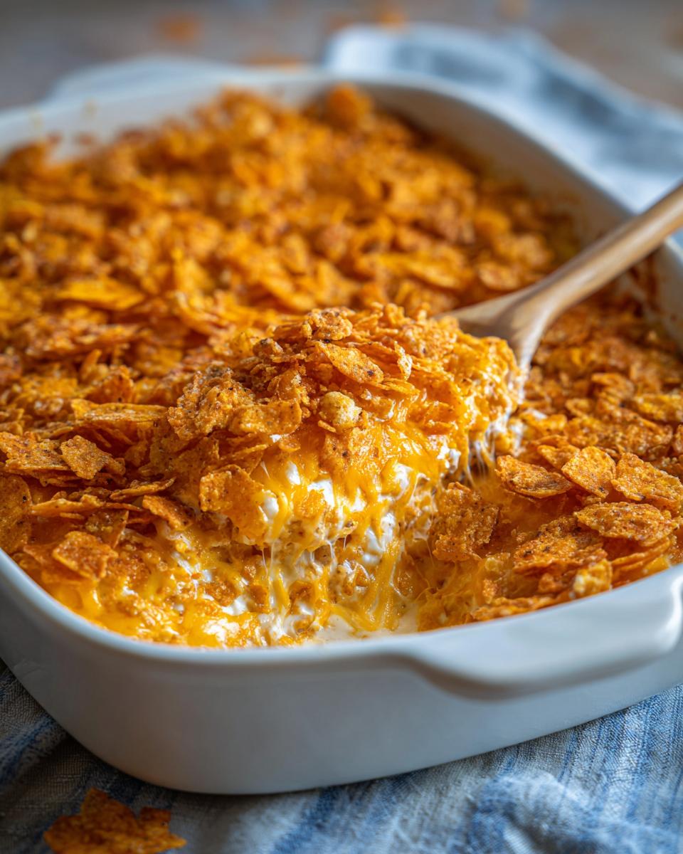A spoonful of cheesy Dorito Casserole being lifted from a white baking dish, topped with crushed Doritos.
