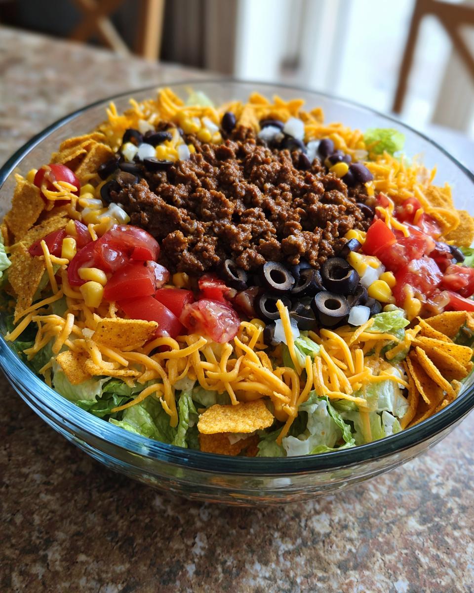 A close-up of a large glass bowl filled with a colorful Dorito Taco Salad, featuring seasoned ground beef, lettuce, tomatoes, corn, olives, cheese, and crushed Doritos.