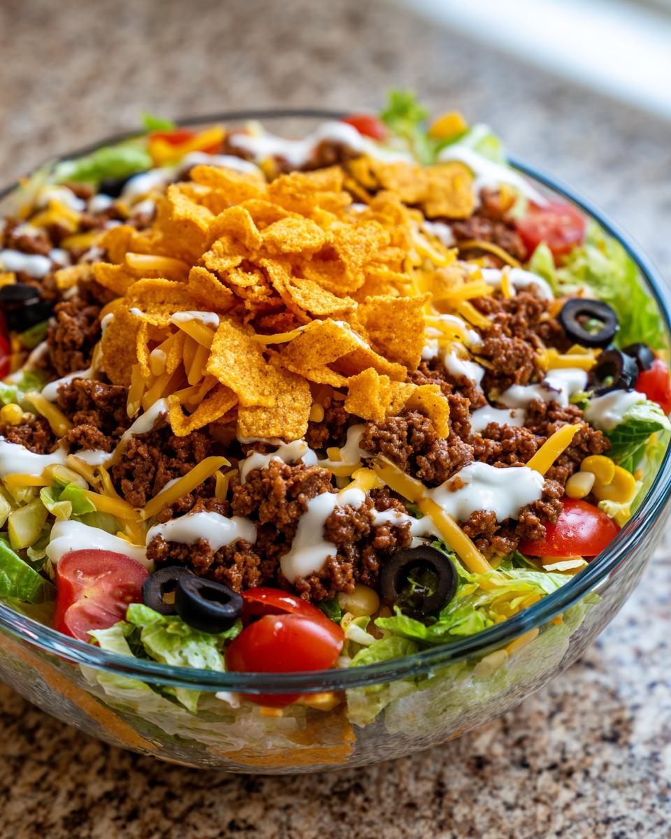 A close-up of a Dorito Taco Salad in a glass bowl, featuring seasoned ground beef, shredded cheese, crushed Doritos, and creamy dressing.
