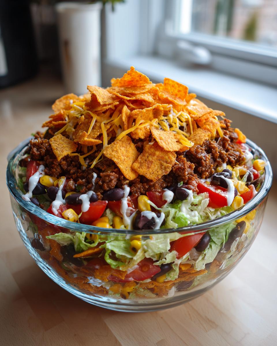 A large glass bowl filled with Dorito Taco Salad, featuring layers of lettuce, ground beef, beans, corn, tomatoes, and topped with crushed Doritos and cheese.