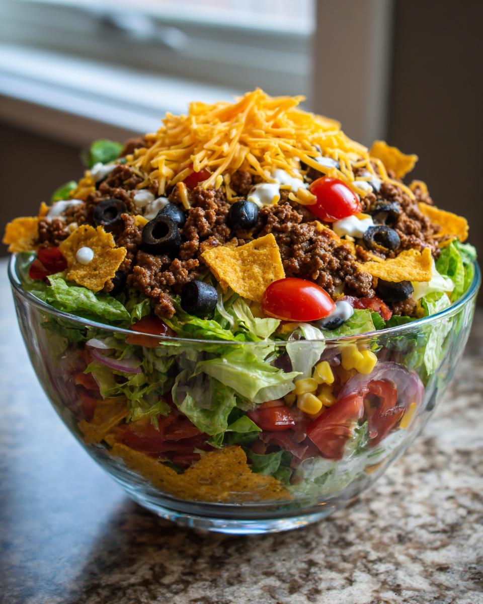 A large glass bowl filled with a colorful Dorito Taco Salad, topped with seasoned ground beef, shredded cheese, and crushed Doritos.