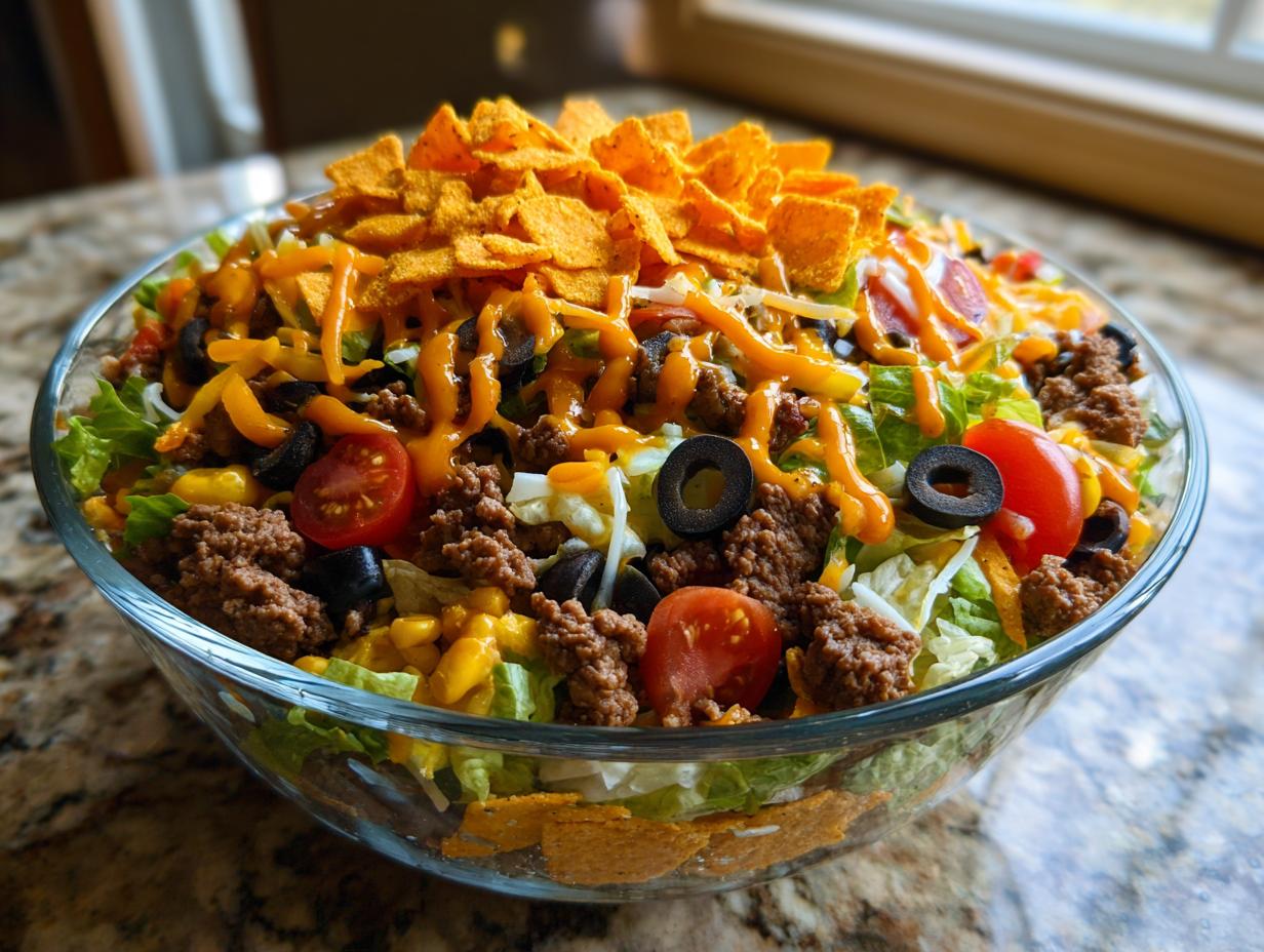 A large glass bowl filled with a colorful Dorito Taco Salad, topped with crushed Doritos, cheese, and dressing.