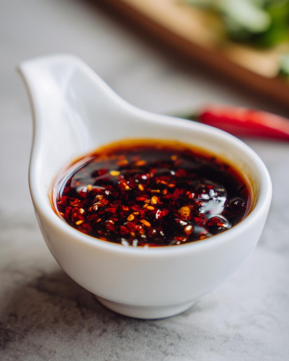 Close-up of a white dipping bowl filled with a rich, dark, and spicy dumpling sauce with chili flakes.