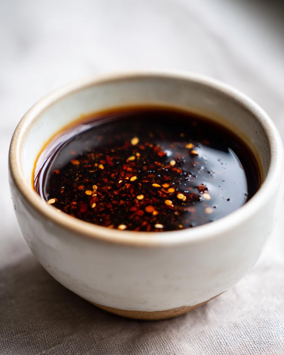 Close-up of a bowl filled with rich, dark dumpling sauce with visible chili flakes and sesame seeds.
