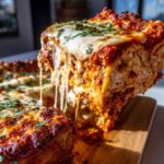 A delicious slice of easy lasagna with ricotta, showing a generous cheese pull and topped with fresh parsley.