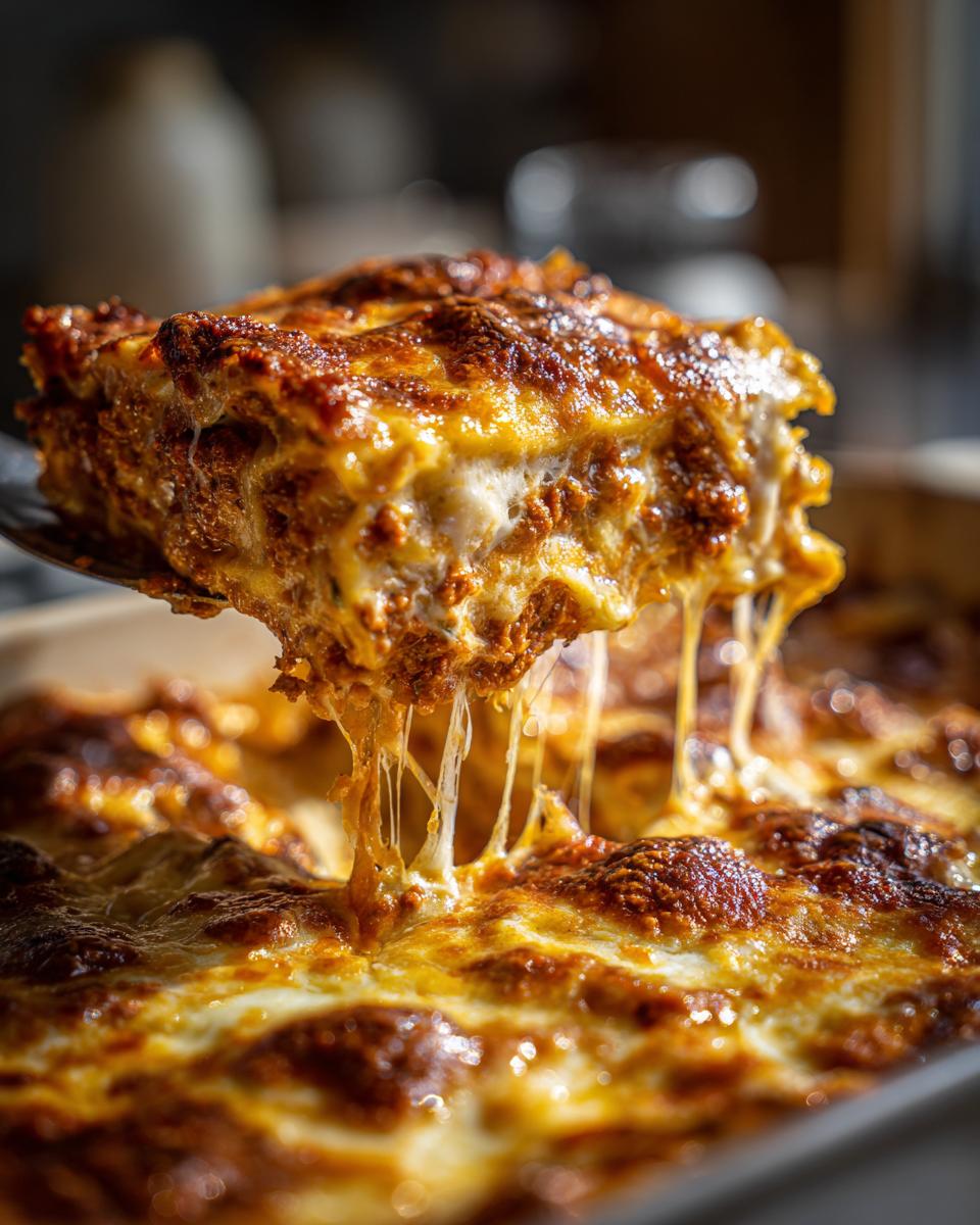 A perfect slice of easy lasagna with ricotta, showing gooey melted cheese strings.