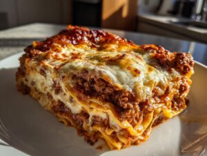 A delicious slice of easy lasagna with ricotta, featuring layers of pasta, meat sauce, and melted cheese.