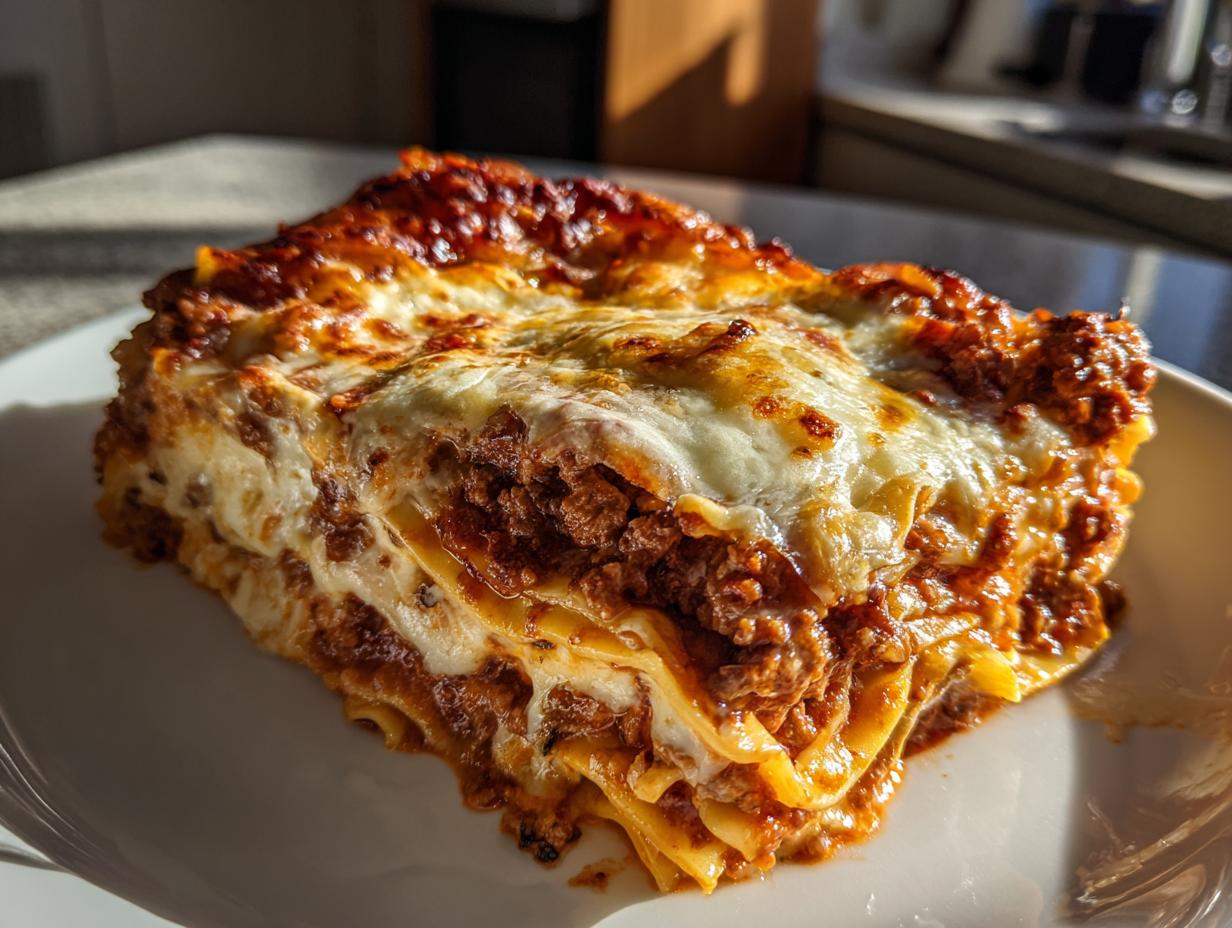 A delicious slice of easy lasagna with ricotta, featuring layers of pasta, meat sauce, and melted cheese.